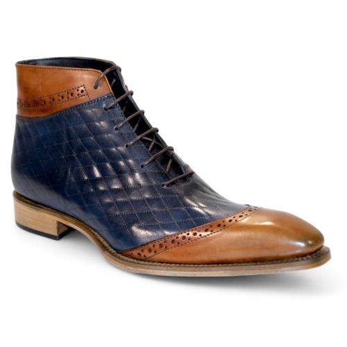 Duca Di Matiste "Lauro" Cognac/Navy Genuine Italian Calf Leather Quilt Print Ankle Boots.